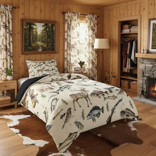 Erosebridal Hunting and Fishing Twin Bedding Set,Deer Hunting Comforter Set for Kids Boys Girls,Big Bass Pike Fish Comforter,Rustic Cabin Lake House Bedroom Room Decor,1 Pillowcase Breathable