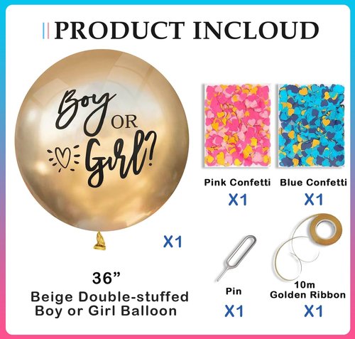 Gender Reveal Balloon Boy or Girl Balloon with Blue Pink Confetti for Baby Shower Gender Reveal Decortions,36 Inch Gold Balloon Perfect for Taking Photos and Videos