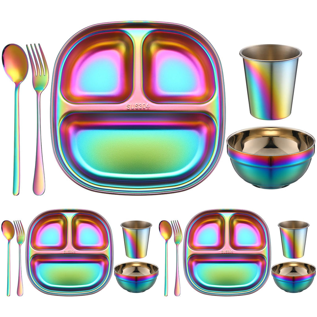 Tioncy 15 Pcs Stainless Steel Kids Dinner Set, Bowls, Balanced Bites Divided Plates, Cups, Spoons and Forks, Stainless Steel Lunch Plates Dinnerware Set for Kids Toddlers (Classic)