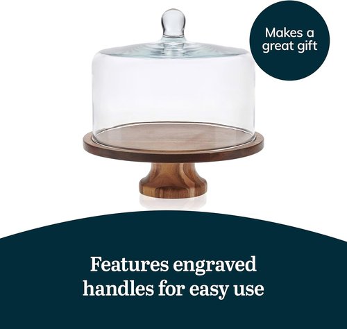 Libbey Acacia Wood Cake Stand - Footed Dessert Stand with Glass Dome Lid & Durable Ball Handle