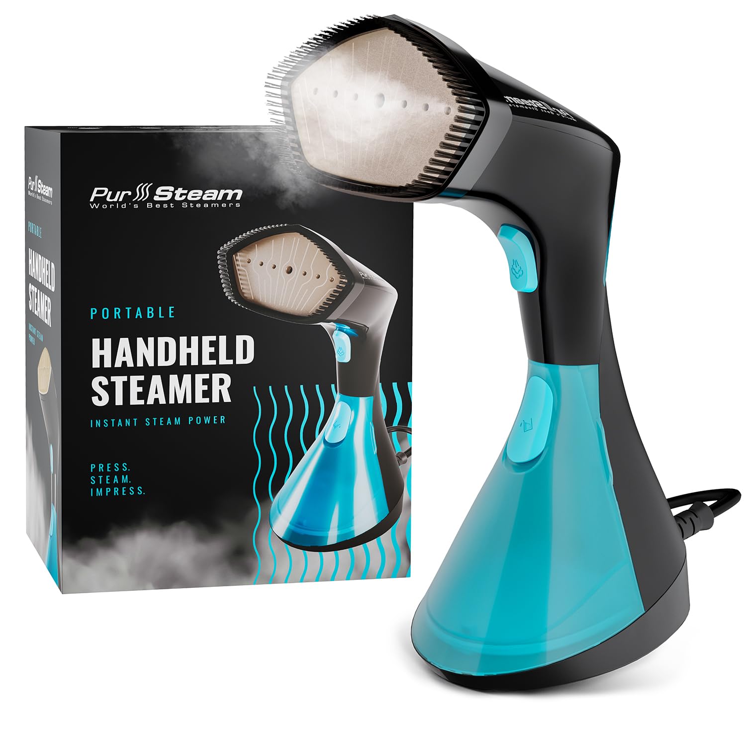 PurSteam Handheld Garment Steamer for Clothes – Powerful Wrinkle Remover with 3 Steam Settings, Large Removable Water Tank, and Fast Heat-Up – Portable Fabric Steamer for Home & Travel