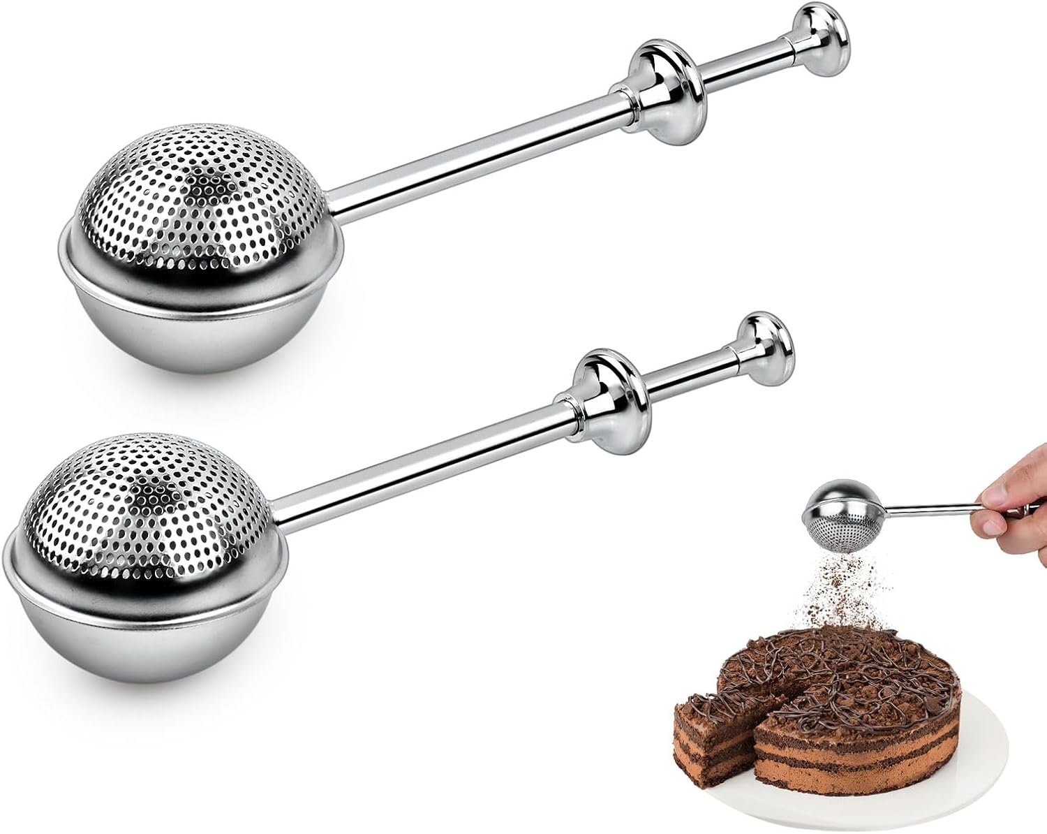 Skiennix Stainless Steel Flour Sifter - Spring-Operated Handle for Baking & Sifting | Set of 2