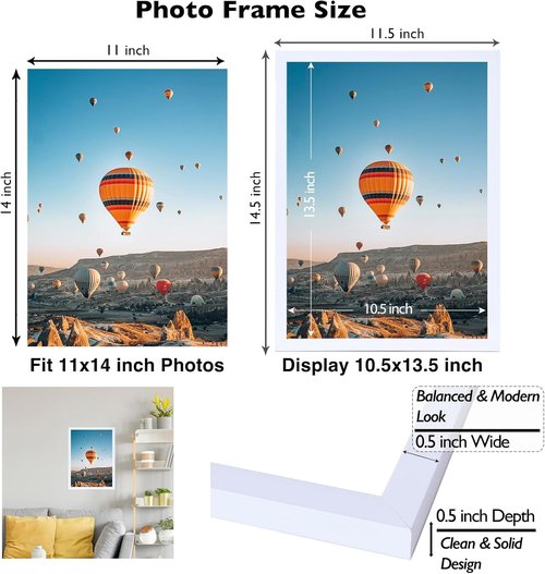 JCJMY 11x14 Picture Frame - White Wall Mount for Horizontal or Vertical Display | Shatter-Resistant Plexiglass