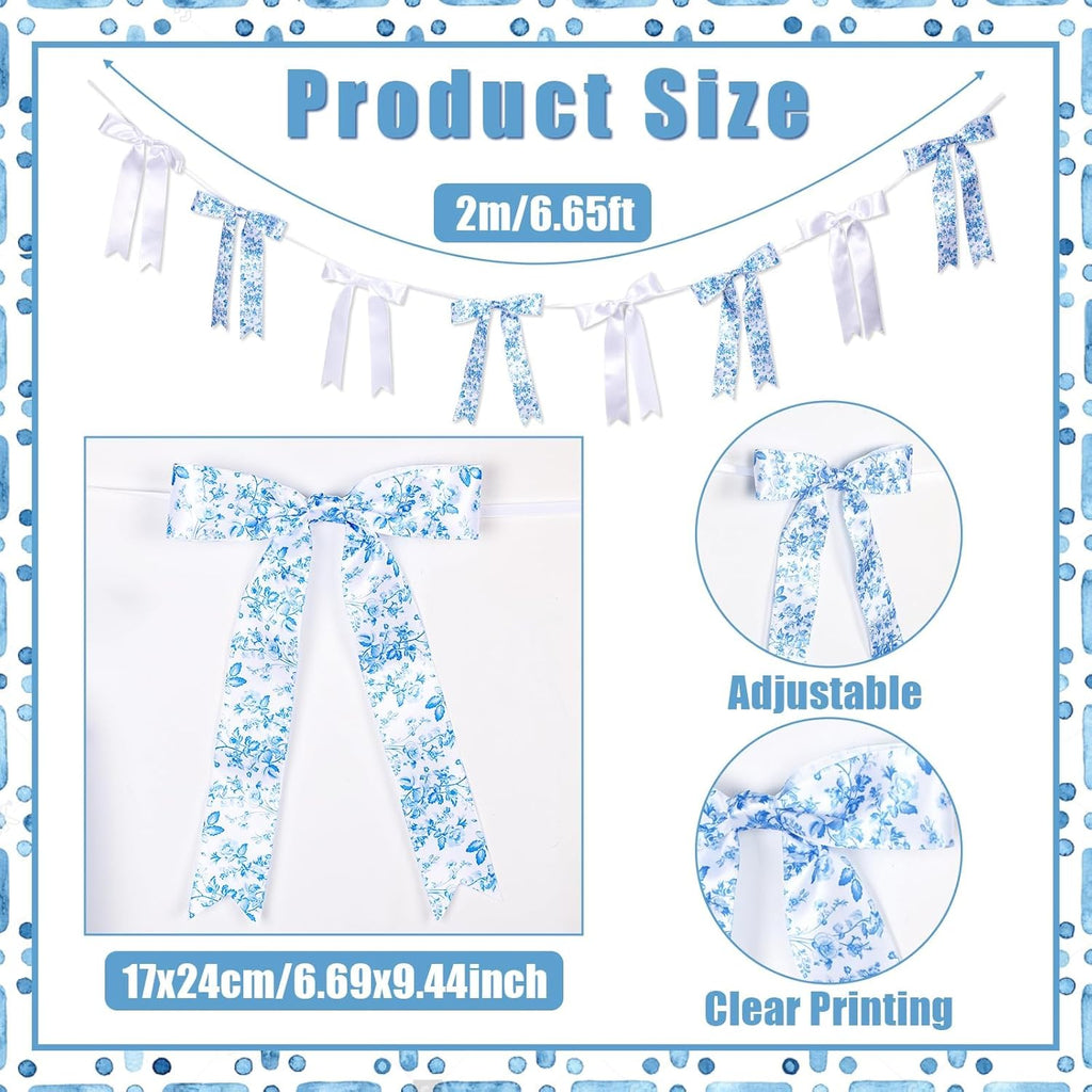 Skiennix Vintage Floral Bow Garland - 6.65 Ft Blue & White Satin Ribbon Banner for Weddings & Parties