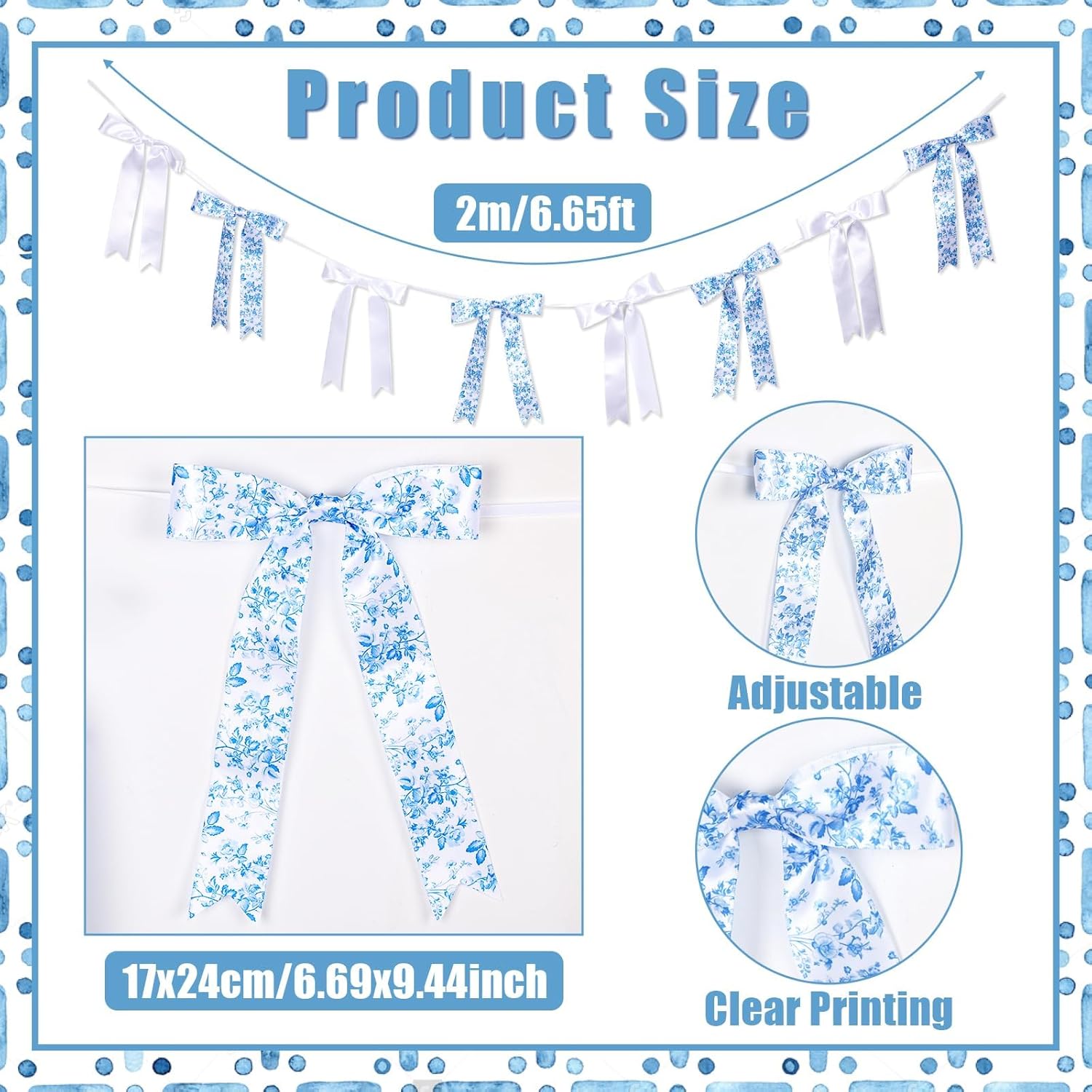 Skiennix Vintage Floral Bow Garland - 6.65 Ft Blue & White Satin Ribbon Banner for Weddings & Parties