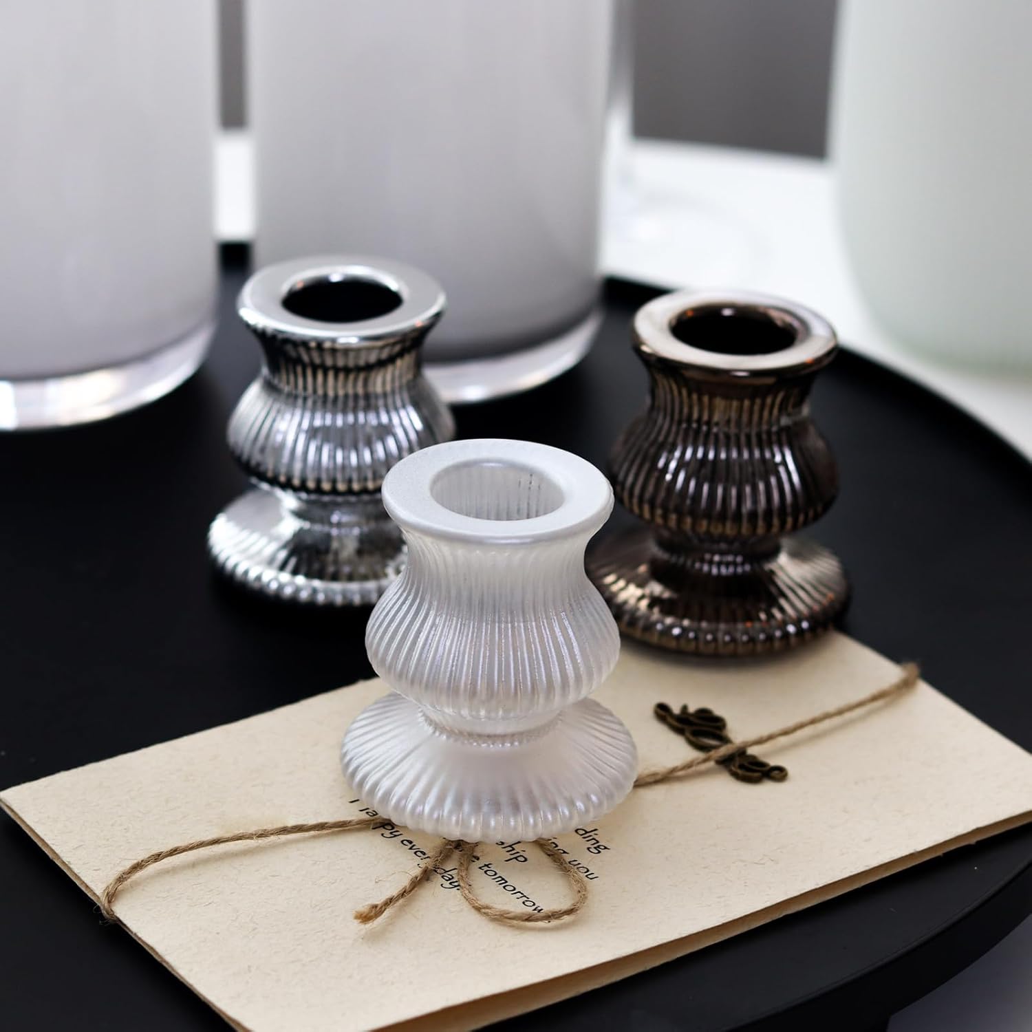 WDHODEC Black & White Candlestick Holders - 12PCS Glass Taper Candle Holders for Weddings & Parties