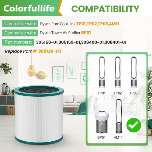 Dyson TP01 Replacement Filter - Compatible with TP01, TP02, TP03, AM11, BP01 | 2-Pack Air Purifier Filters