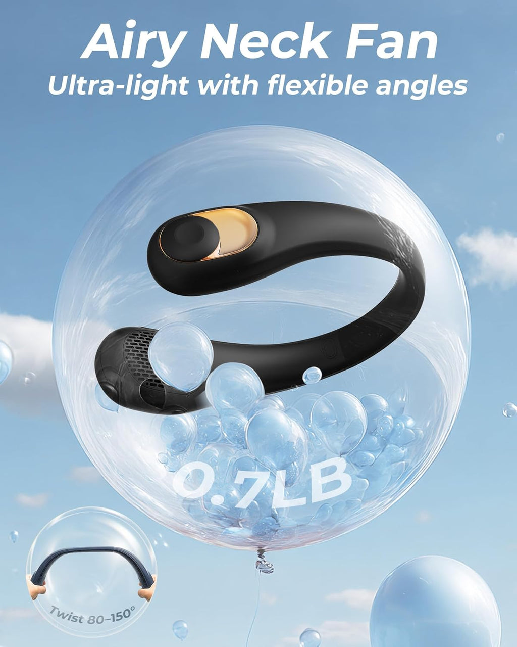 TUNISE Neck Fan - USB-C Rechargeable Personal Fan with LED Display, 3-Speed & 4000mAh Battery