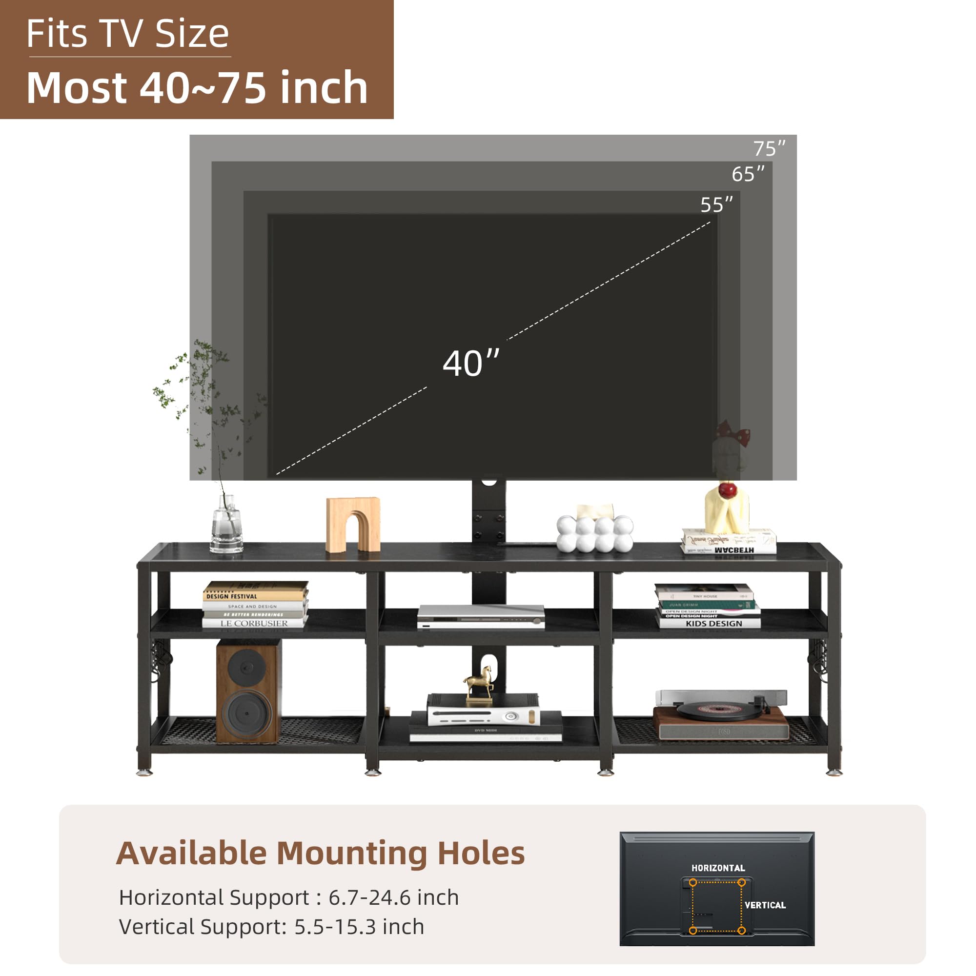 VECELO Dresser TV Stand for Bedroom with 5 Fabric Drawers, Entertainment Center for 32/40/43 in TVs, Media Console Table with Storage, Open Shelf, Adjustable Feet, Living Room Furniture, Rustic Gray