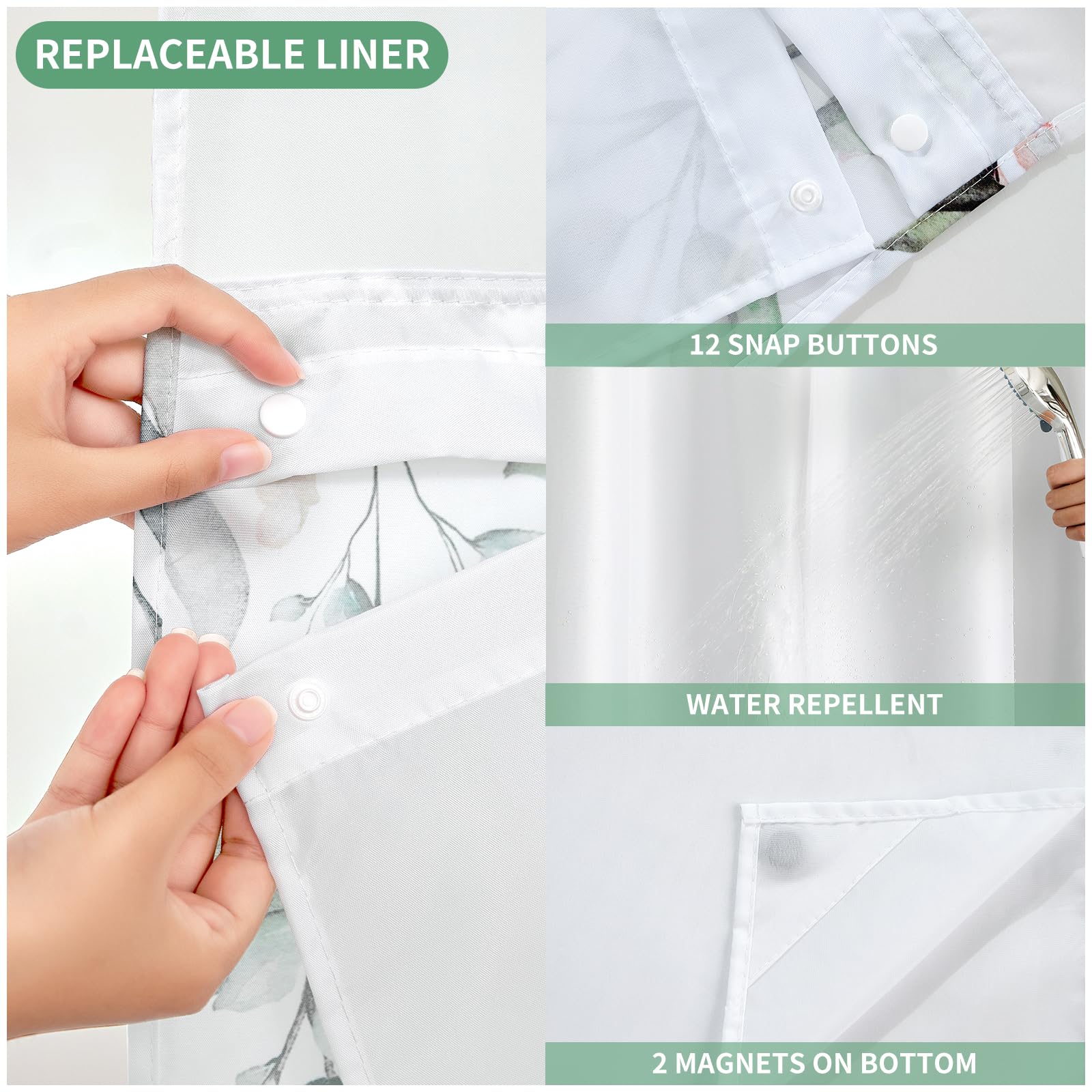 QiyI No Hook Shower Curtain with Snap in Fabric Liner, Sage Green Eucalyptus Shower Curtain with See Through Top Window, Waterproof Washable Cloth Ringless Shower Curtain Set for Bathroom, 72 x 75