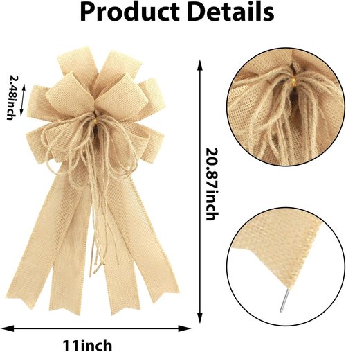 Large Brown Burlap Easter Wreath Bow - Spring Decorative Bow with String | 11.42 x 20.87 Inch