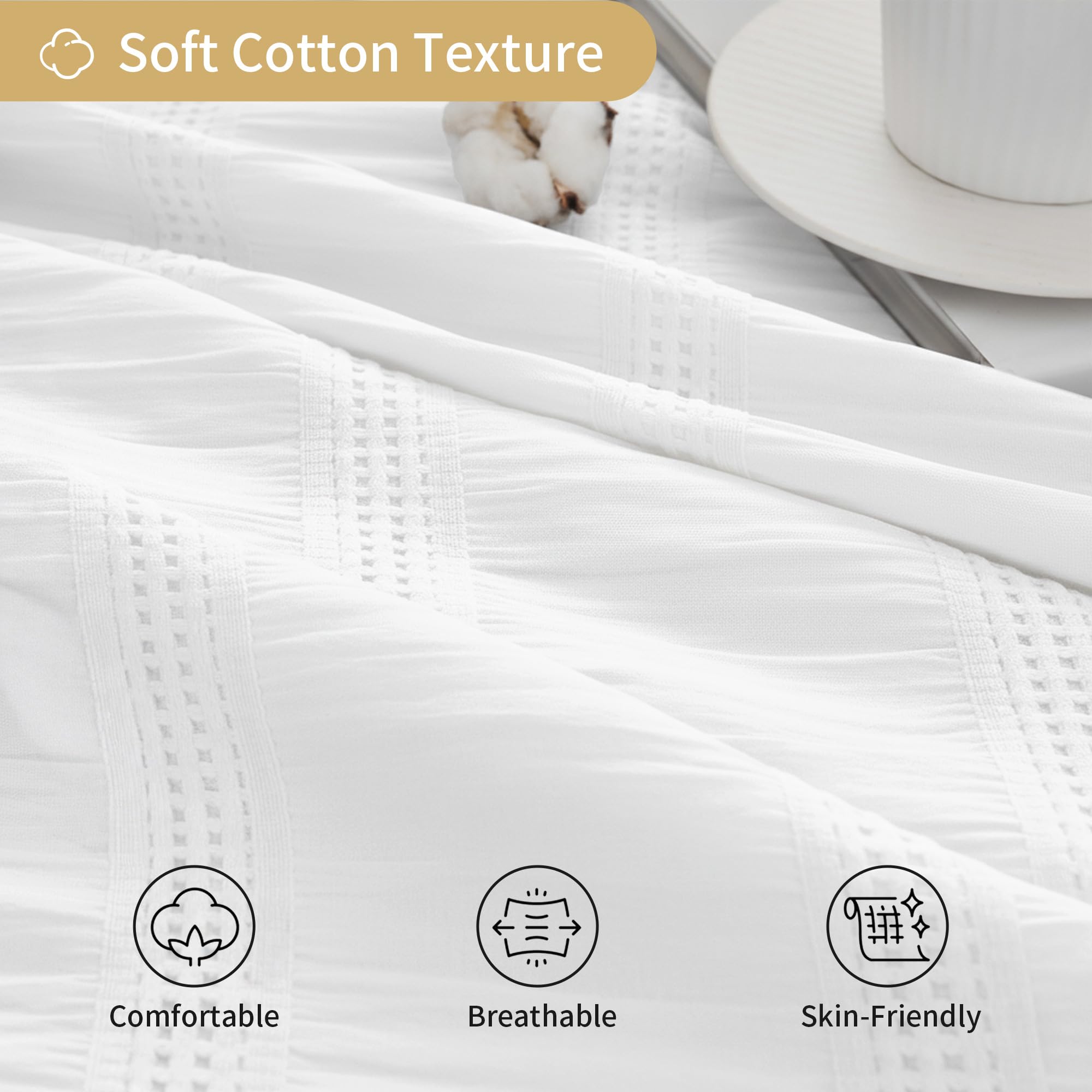 Lameirose White Shower Curtain Fabric, White Textured Shower Curtain Boho Cotton Blend Striped Waffle Shower Curtains for Bathroom 72 x 72