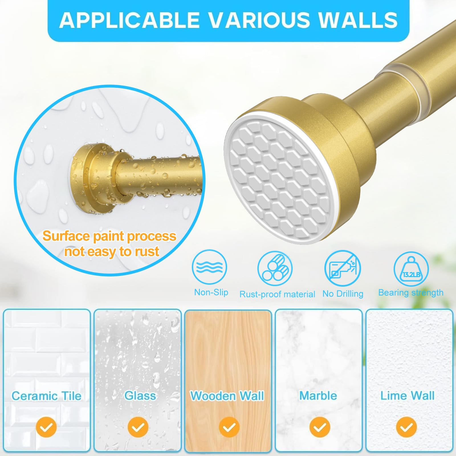 1 Pack Gold Spring Tension Curtain Rod 28-48 Inches, 7/8" inch Adjustable Curtain Rod No Drill, Anti-slip Spring Curtain Rod for Windows Bathroom Kitchen Closet Doorway