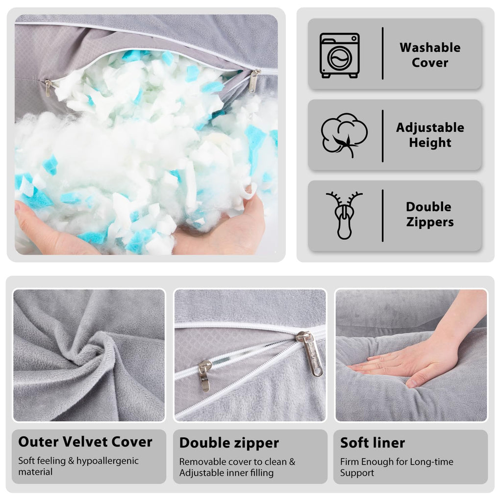 Chilling Home Memory Foam Pregnancy Pillow, J Shape Pregnancy Pillows for Sleeping, Body Pillow for Adults, Maternity Pillow for Pregnant Women, with Velvet Removable Cover, Light Grey