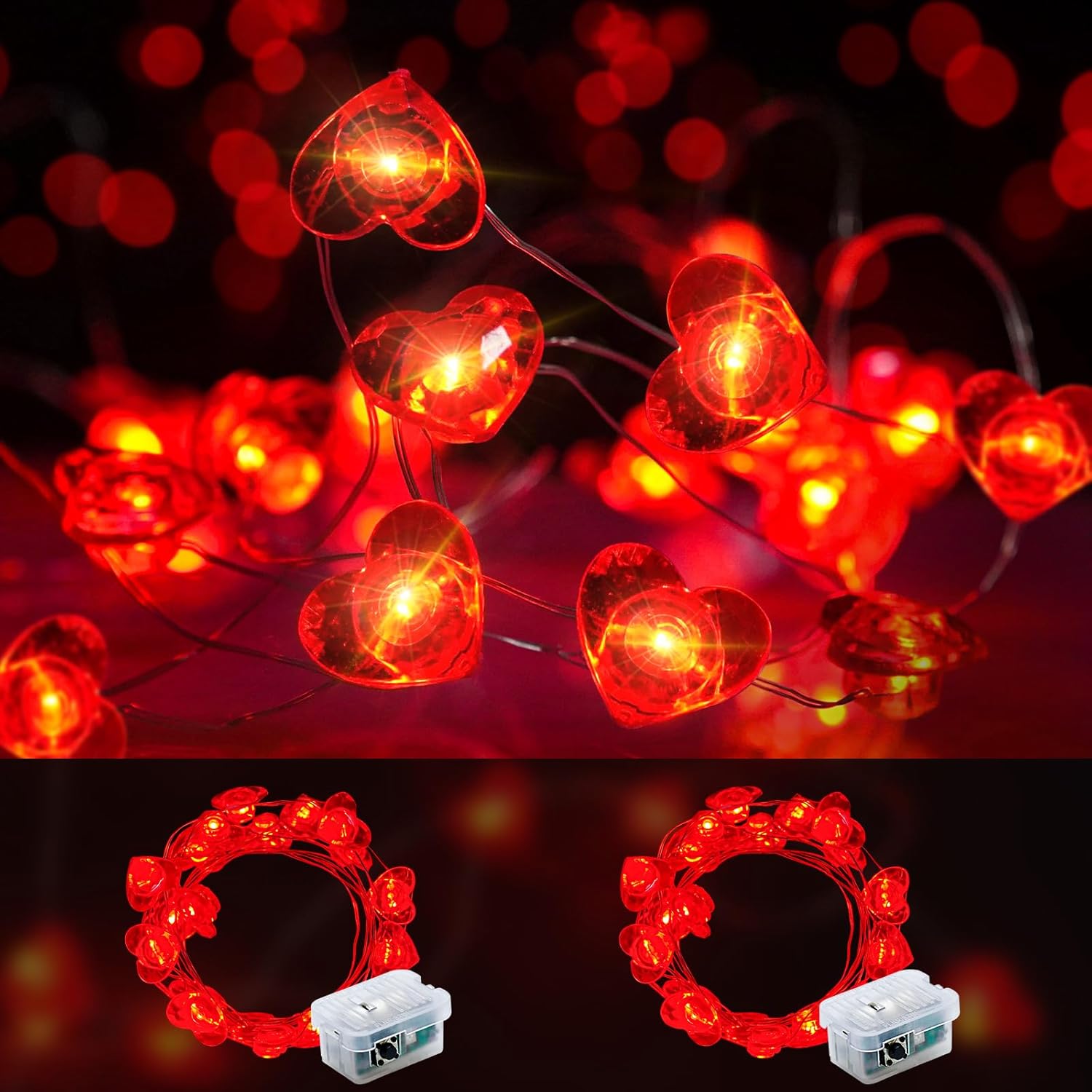 Skiennix Valentine's Day Red Heart Fairy Lights - 7Ft 20 LED Twinkle String Lights | Battery Operated & Waterproof, 2 Pack