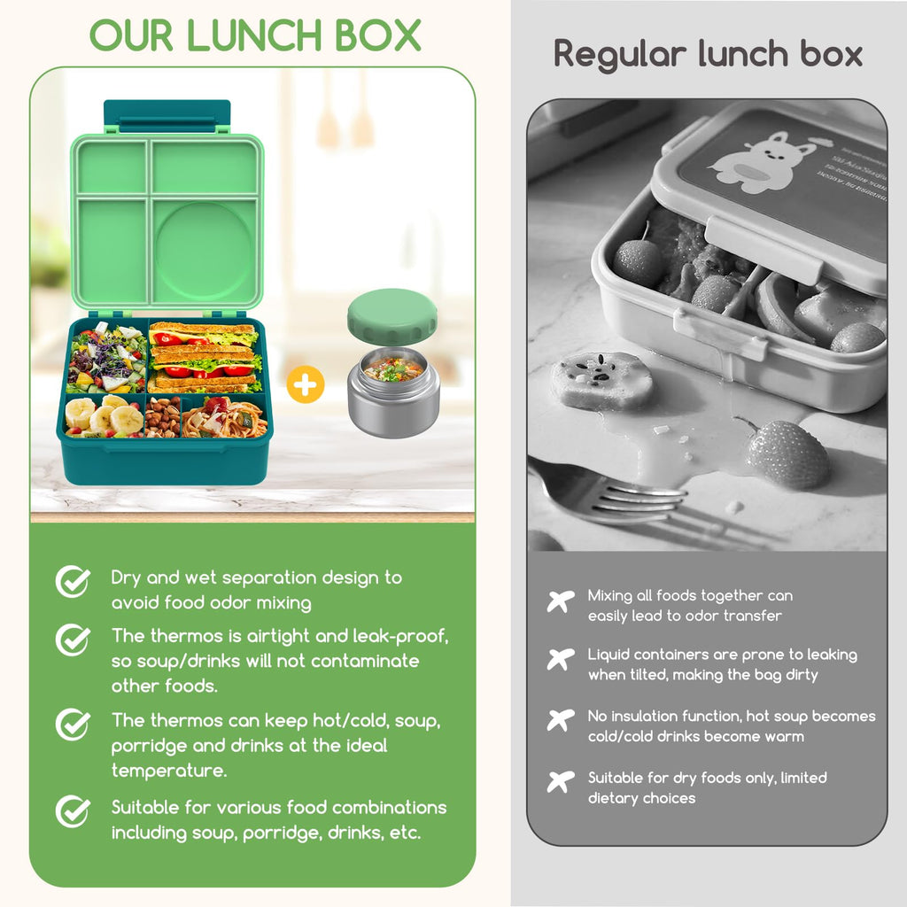JoyYum Bento Box for Kids - Leak-Proof Bento Lunch Box with Insulated Thermos Food Jar - 4 Compartments, 1 Removable Divider, 1Spoon, 1 Fork - Dishwasher Safe, BPA-Free (Green)