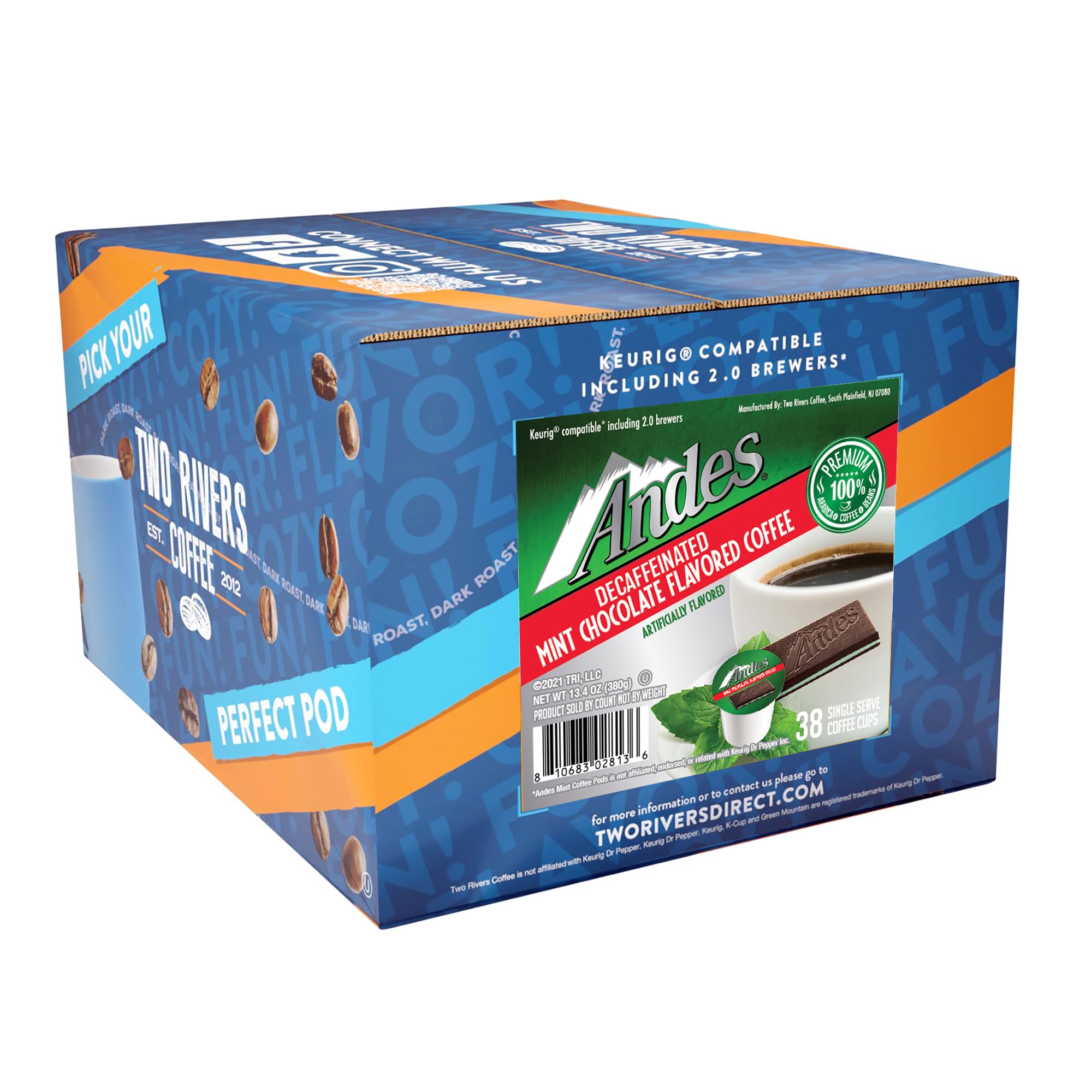 Andes Mints Chocolate Mint Decaf Flavored Coffee Pods, Compatible with K Cup Brewing Machines Including 2.0, Single Serve Peppermint Flavor Enhanced, 38 Count