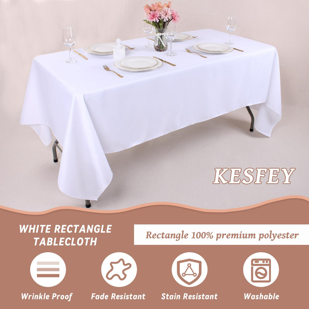 Kesfey 6 Packs White Polyester Table Cloths 90 x132 inch Rectangle High Density Tablecloth Fabric Tablecover for 6 Foot Tables Wrinkle Resistant Washable Table Cloth for Wedding Celebration Buffet