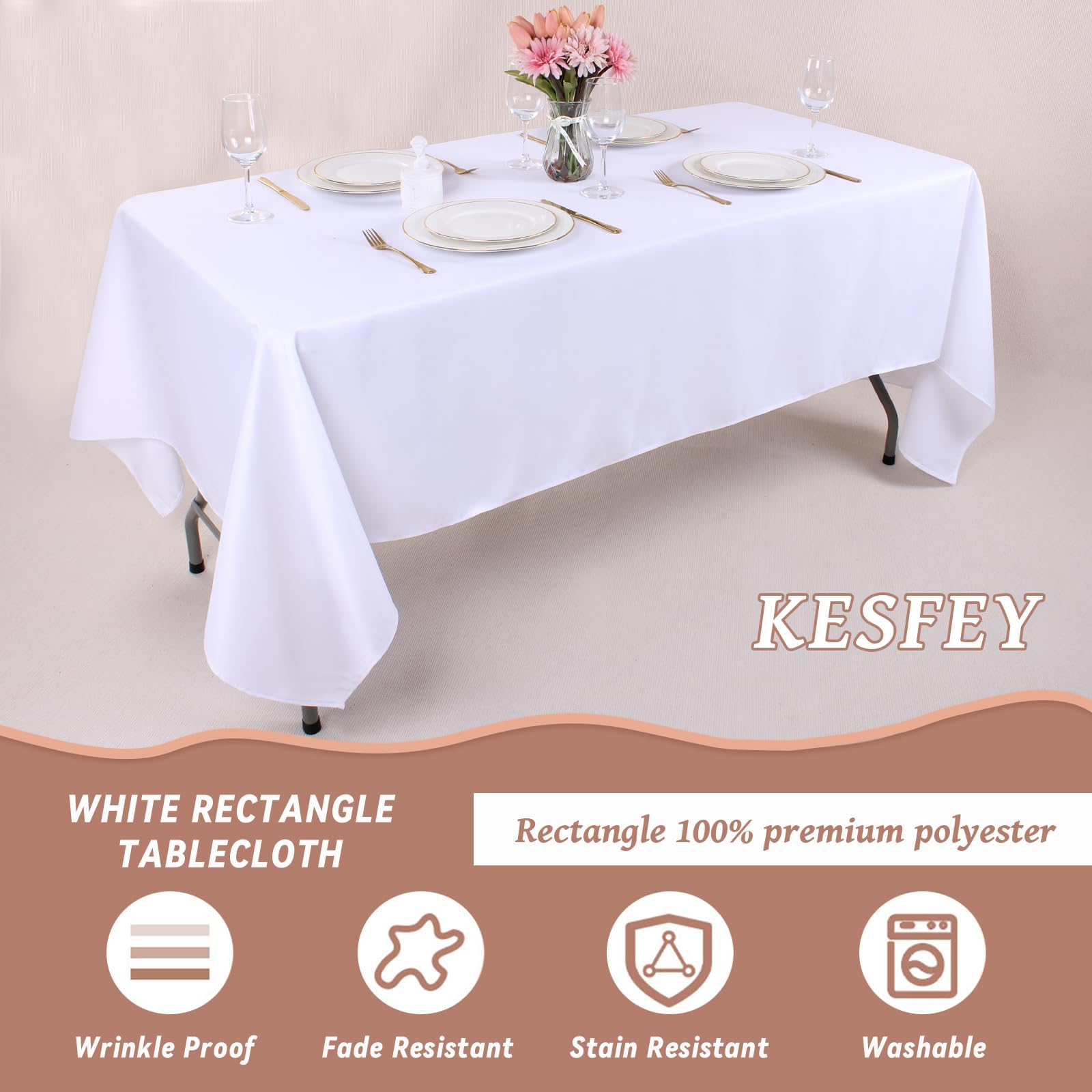 Kesfey 6 Packs White Polyester Table Cloths 90 x132 inch Rectangle High Density Tablecloth Fabric Tablecover for 6 Foot Tables Wrinkle Resistant Washable Table Cloth for Wedding Celebration Buffet