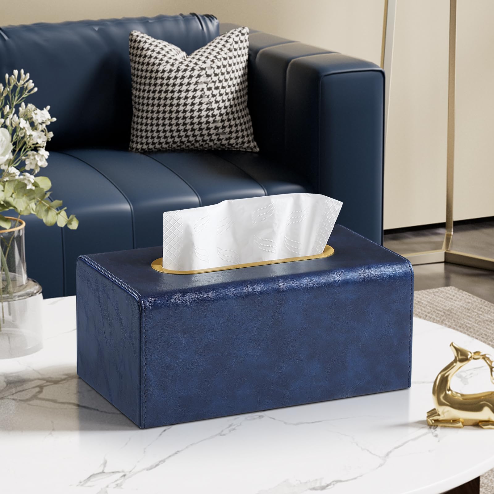 MEIBOOCH PU Leather Tissue Box Cover Rectangular Tissue Box Holder for Boxes Up to 3.9" Tall, Decorative Rectangle Tissue Cover for Bathroom Living Room Car Office (Navy Blue)