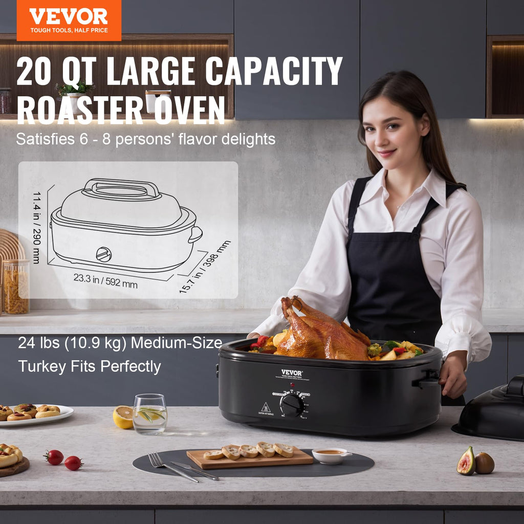 VEVOR Electric Roaster Oven, 20 QT Turkey Roaster with Self-Basting Lid, 1450W Roaster with Defrost & Warm Function, Adjustable Temperature, Removable Pan & Rack, Fits Turkeys Up to 24LBS