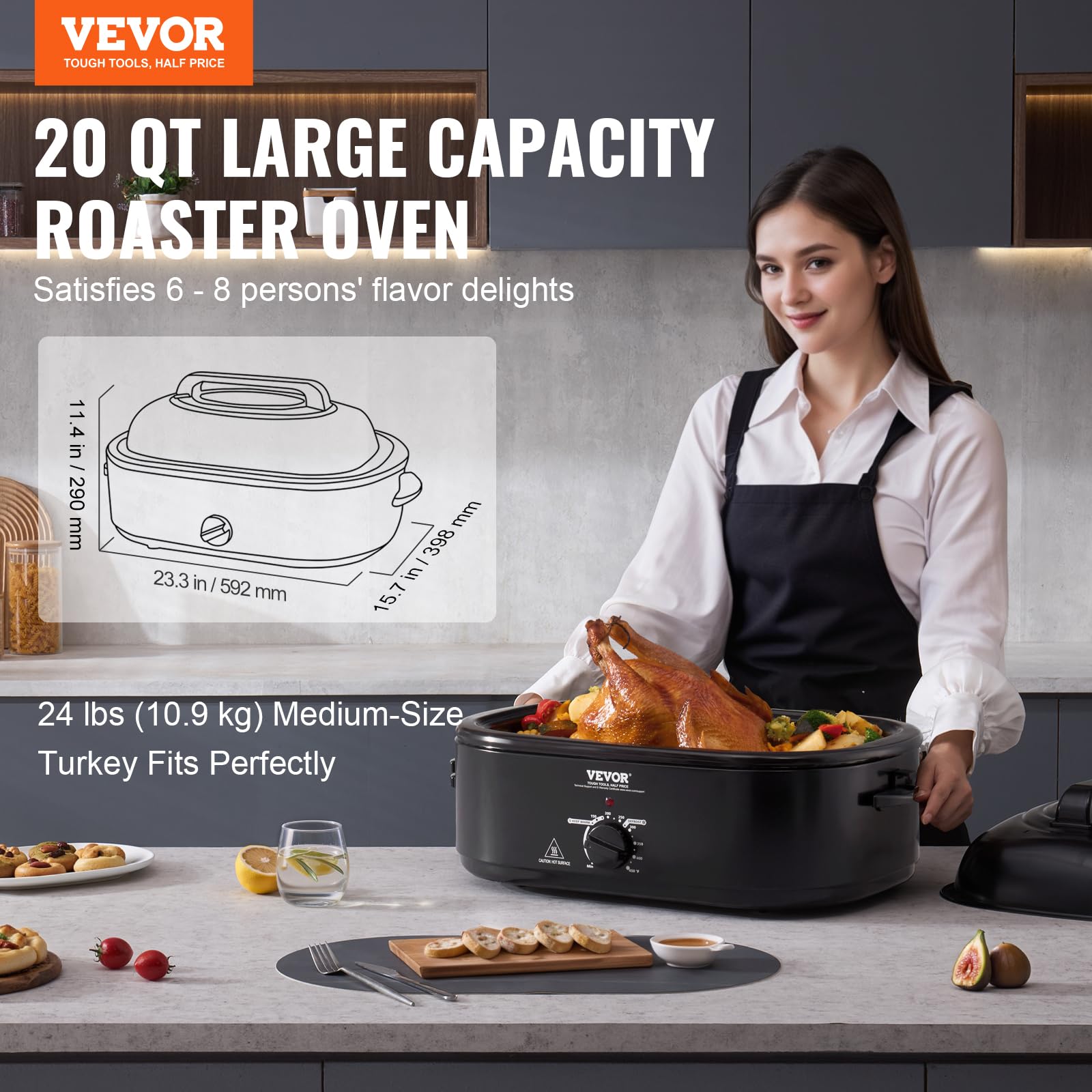 VEVOR Electric Roaster Oven, 20 QT Turkey Roaster with Self-Basting Lid, 1450W Roaster with Defrost & Warm Function, Adjustable Temperature, Removable Pan & Rack, Fits Turkeys Up to 24LBS