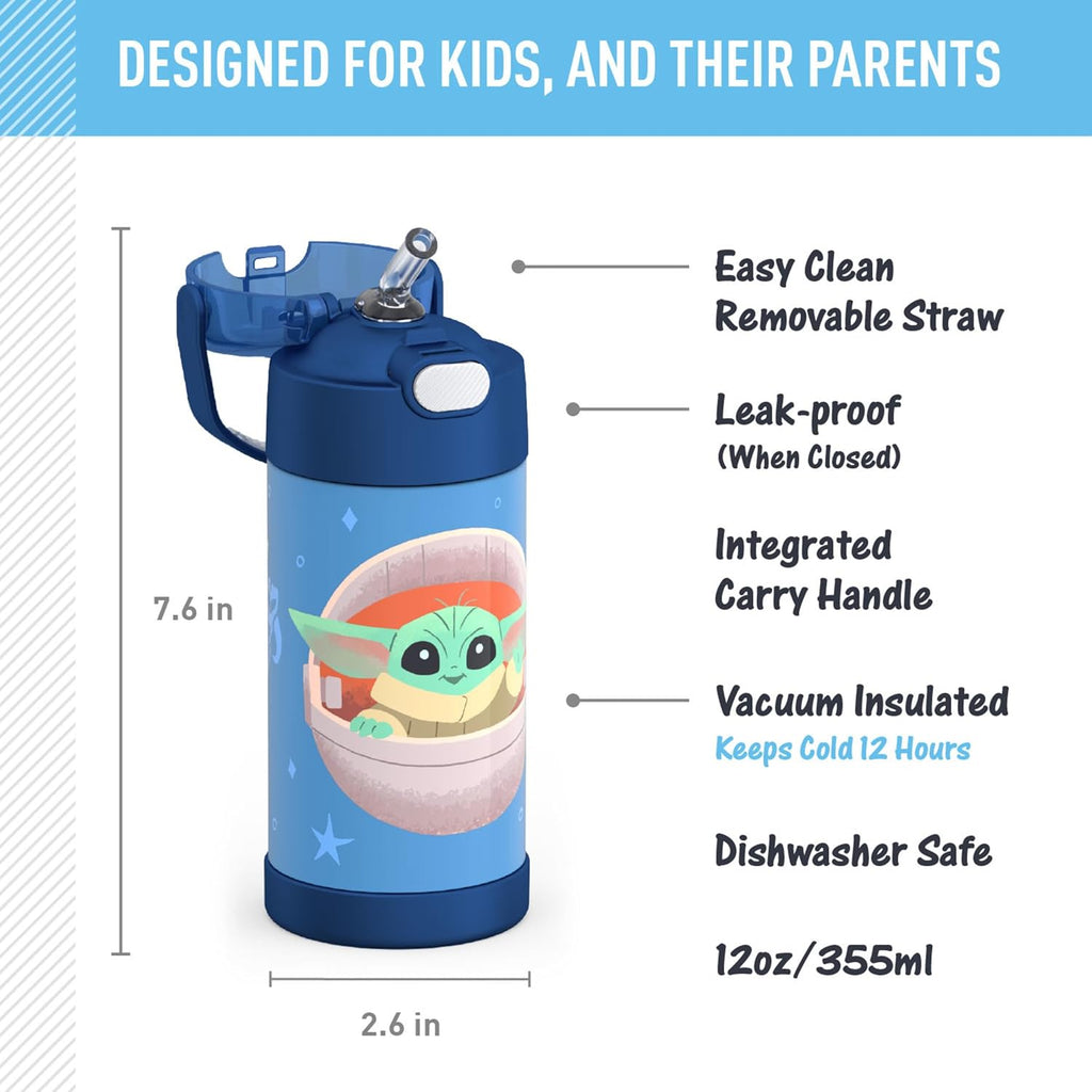 THERMOS FUNTAINER Water Bottle - 12 Ounce Kids Stainless Steel Vacuum Insulated with Straw | Mandalorian The Child