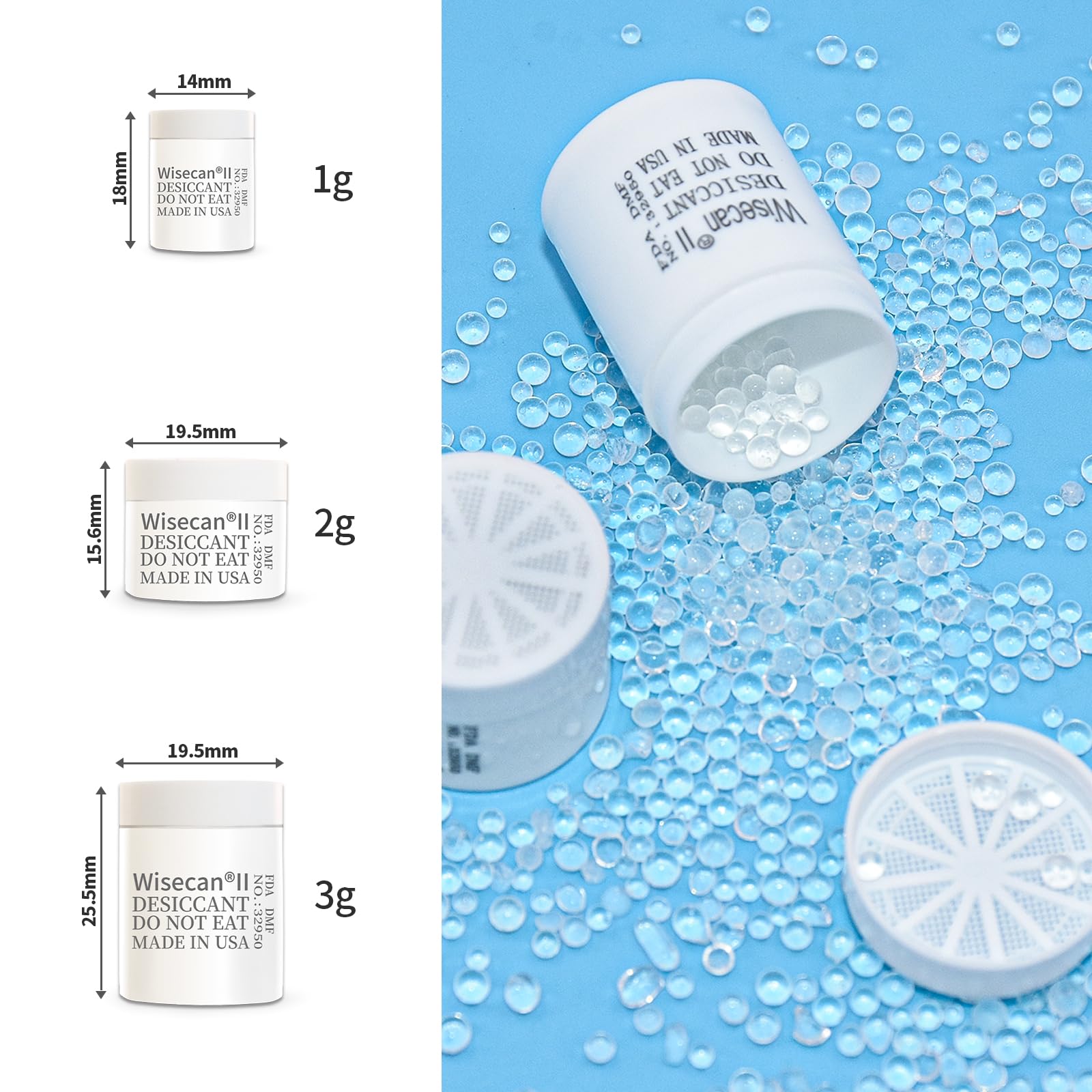 Wisesorb 1 Gram 100 Pack Silica Gel Canister, Desiccant Canister, Silica Gel Capsules, Desiccant Capsules, Moisture Absorbers for Food Storage, Food Safe Dehumidifiers Wisecan