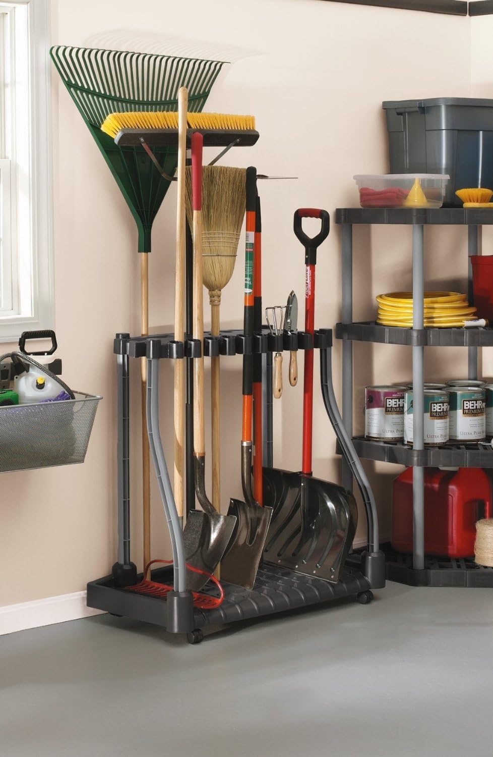 Rubbermaid Garage Tool Tower Rack - Easy Assembly Wheeled Organizer for 40 Long-Handled Tools | Black