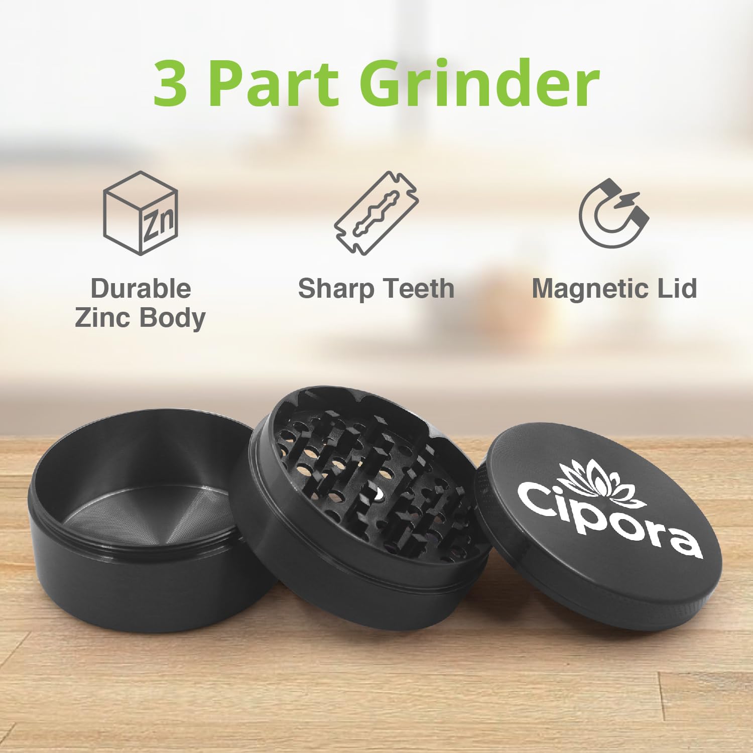 Cipora 2.5" Manual 3-Piece Zinc Grinder with Large Bottom Chamber (Black)