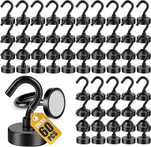 DIYMAG Magnetic Hooks - Heavy Duty 30lbs+ Garage & Kitchen Hooks | 60 Pack Black Magnets