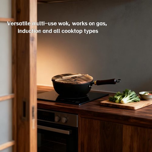 Calmabode 10" Pre-Seasoned Carbon Steel Wok - Fast, Even Heating - Works on Gas, Electric & Induction - Durable Commercial-Grade - Ready-to-Use, Easy Maintenance - Toxin-Free Cooking - Deep Pan