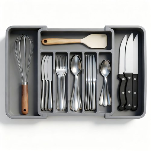 BUKMVKU Expandable Large Silverware Tray For Drawer Organizer, Kitchen Cooking Utensil Drawer Organizer For Spoons Forks Knives, Adjustable Cutlery Flatware Holder 13"-22.4" X 14.7" X 2" (Gray)