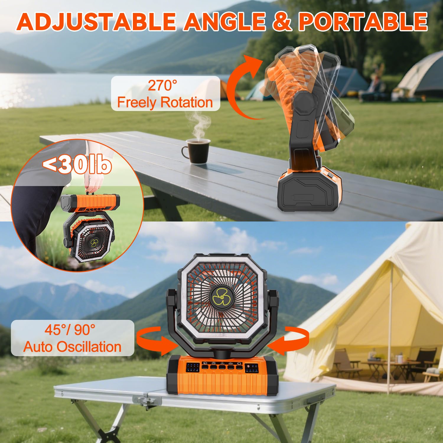 ZioeYiue Camping Fan Rechargeable, 20000mAh Large Battery Powered Fans, 4 Speed Rechargeable Fan with Remote, Cordless Battery Operated Fans with LED Light and Hanging Hook for Camp Tent Beach Outdoor