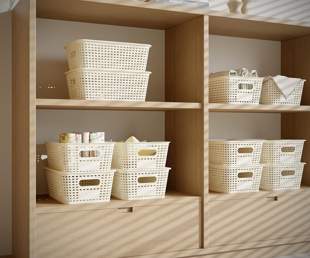 Resze Plastic Storage Baskets - 6 Pack Stackable Organizer Bins with Lids | Space-Saving White Design for Home & Office