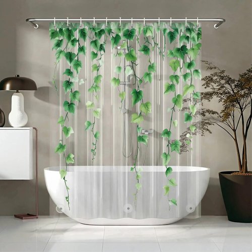 Clear Green Ivy Leaves Shower Curtain Liner, Transparent Plastic Nature Green Botanical Leaf Decorative Waterproof Shower Curtains for Bathroom, 72x72 Weighted Magnetic Shower Curtain Liner with Hooks