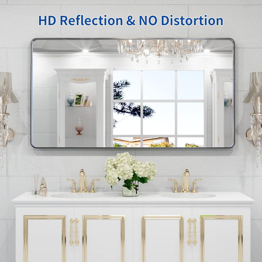 WEER Black Bathroom Mirror - 55x30 Inch Rounded Rectangle Matte Black Frame | Anti-Rust Tempered Glass, Versatile Hanging Options