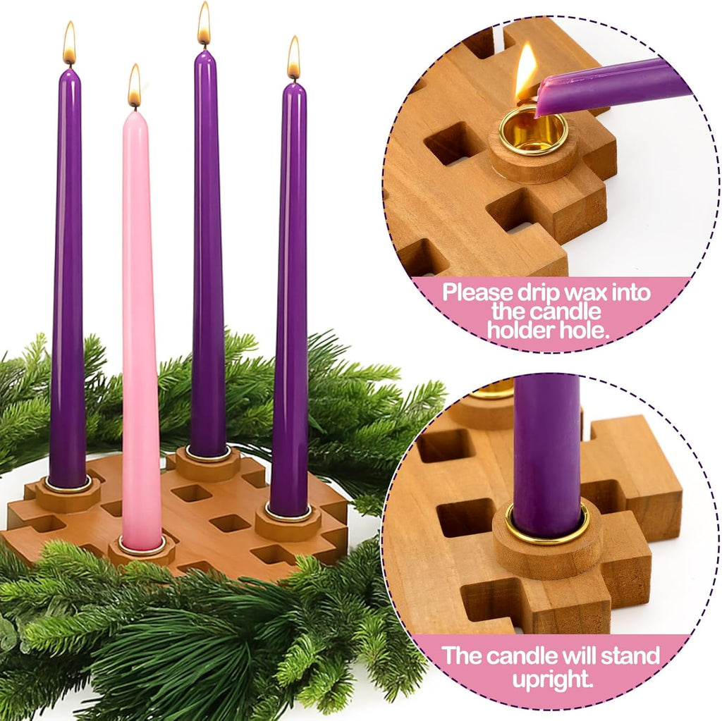 Mumufy Advent Candle Holder Set - 5 Pcs Snowflake Wooden Holders with Purple & Pink Taper Candles