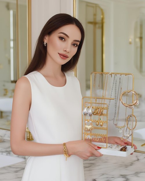 Lolalet Jewelry Organizer Stand, No Assembly Needed Display Storage with Rotating Earring Holder for Necklace Bracelet Rings, Galentines Valentines Gifts Room Dorm Decor for Women Girls -Gold