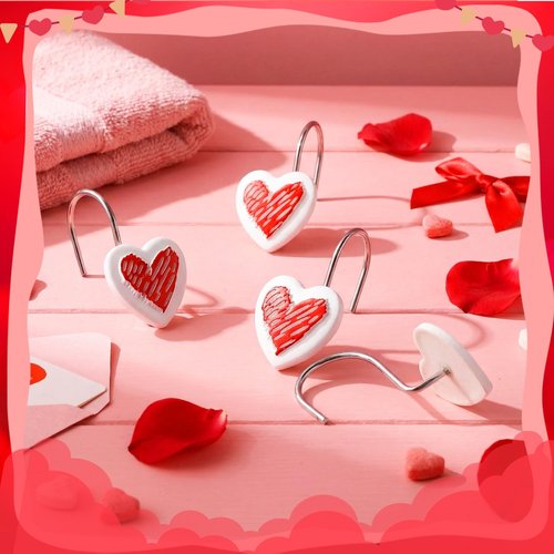 CroBlissful 12 Pcs Heart Shape Shower Curtain Hooks Heart Hangers Hooks Love Decorative Curtain Rings for Valentine's Day Spring Summer Wedding Bathroom Restroom(White)