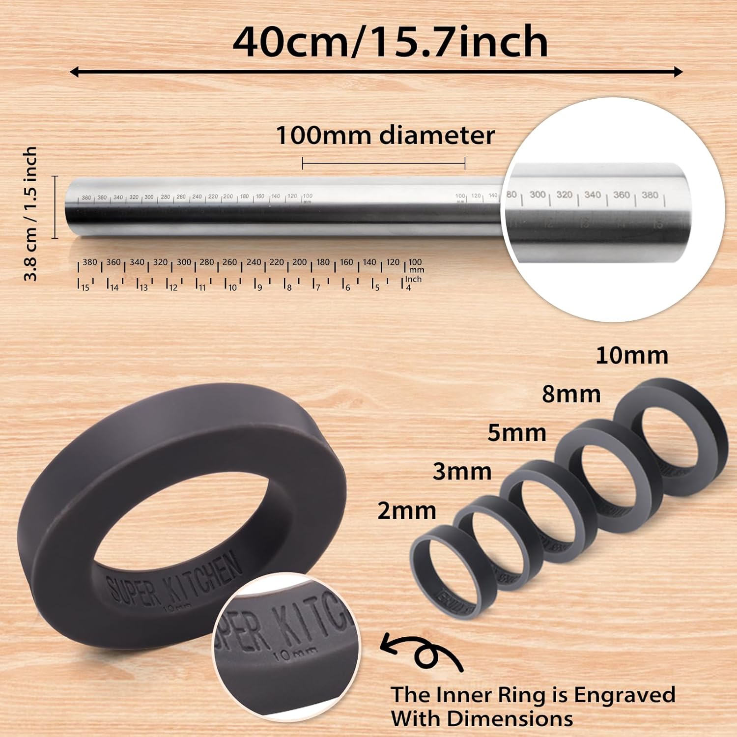 Skiennix Adjustable Rolling Pin - Non-Stick Stainless Steel Dough Roller with Thickness Rings | 15.8" Grey