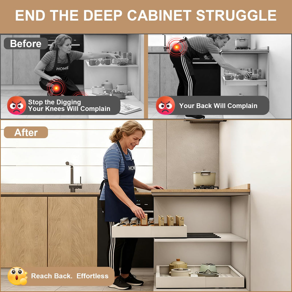 Pull out Cabinet Organizer,Width (23"-31") and Depth (17"-24") Expandable With 5 Rails,No Drill Adjustable Slide out Drawers for Kitchen,Pantry,Adhesive Roll out Shelves,for Cabinets Without Lip,White
