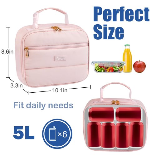 Aosbos Insulated Lunch Bag for Women - Cute Small Quilted Lunch Box Cooler for Work, Office, Picnic - Soft, Portable Adult Lunch Bags, Pink