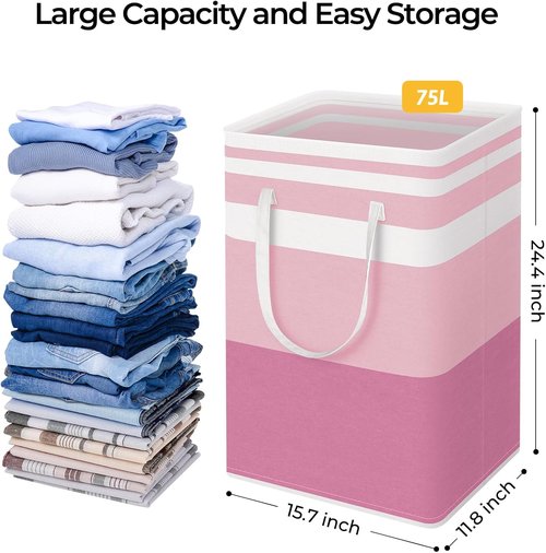 HomeHacks Large Waterproof Laundry Baskets - Collapsible Hampers with Reinforced Handles | 75L, Pink (2 Pack)