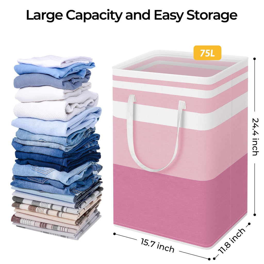 HomeHacks 2 Pack Large Laundry Baskets, Waterproof, Freestanding Laundry Hampers, Collapsible Clothes Hamper with Reinforced Handles in Laundry, College Dorm, Bathroom, Bedroom (Blue+Pink, 75Lx2)