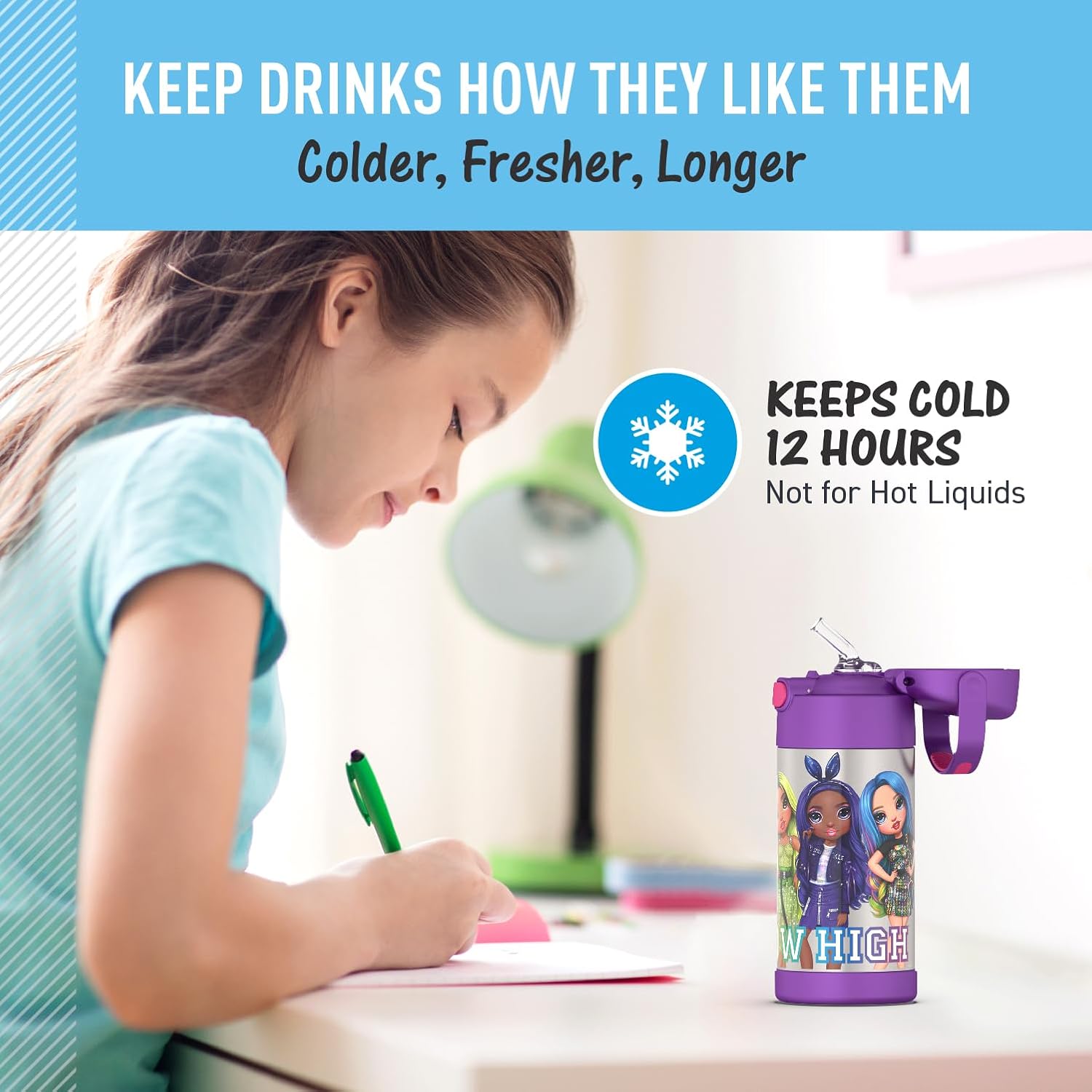 THERMOS FUNTAINER 12 Ounce Kids Straw Bottle - Stainless Steel Vacuum Insulated | Rainbow High Design