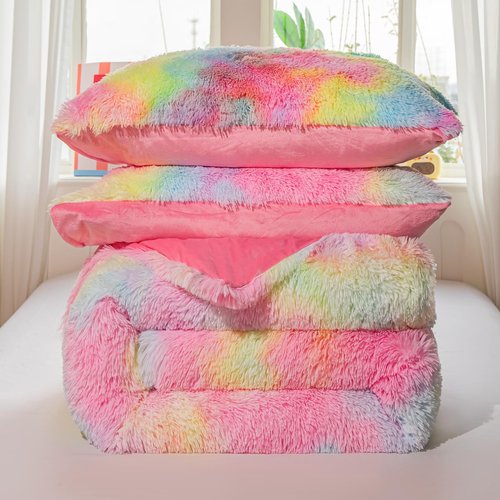 Roscloud Faux Fur Kids Girls Rainbow Comforter Sets Queen - 3PC Bed Set Warm Comfortable Soft Plush Flannel Velvet Fluffy Fuzzy Bedding（Comforter x 1 Pillowcases x 2）