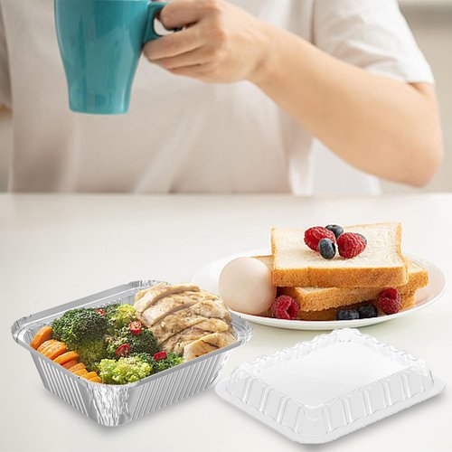 iHomeSet 200 Pack 1 lb Rectangular Disposable Aluminum Foil Pan 16 oz Take Out Food Containers with Clear Plastic Dome Lids, for Catering, Baking, Roasting Food