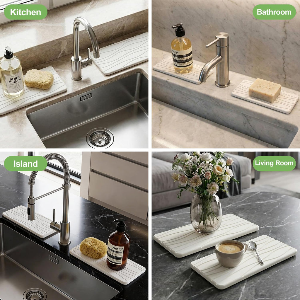 Water Absorbing Stone Tray for Bathroom Sink Stone Drying Mat for Kitchen Counter Diatomite Sink Soap Dispenser Trays Quick Dry Mat Kitchen Decor Diatomaceous Earth Vanity Tray Bathroom Accessories