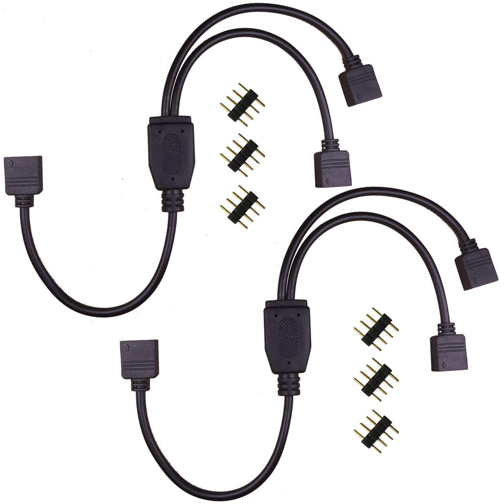 RGBZONE 2 Pack Black 4 Pins LED Splitter Cable Strip Connector 2 Way Splitter Y Splitter for 1 to 2 RGB 5050 3528 LED Light Strips with 6 x Male 4 Pin Plugs (11.8")